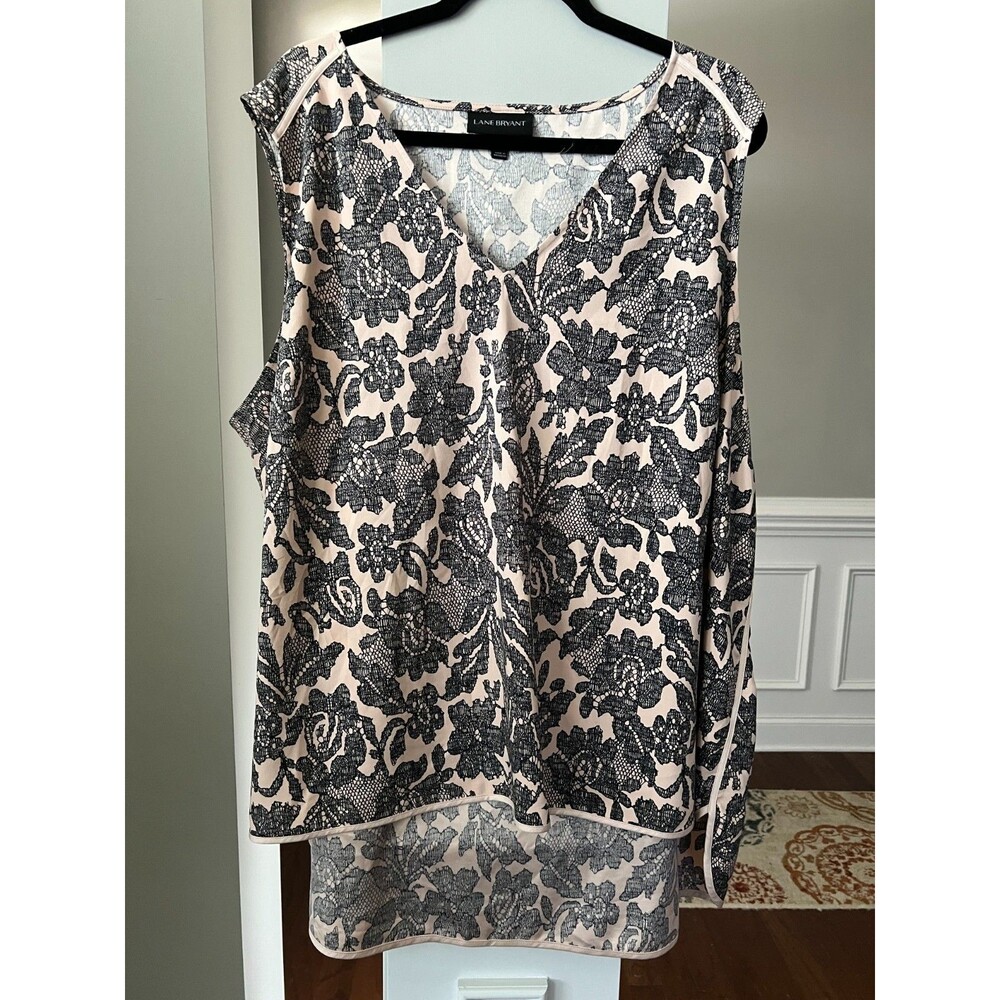 Lane Bryant High/Low V-Neck Tank Pink/Black Lace Print Satin Trim Sz 26